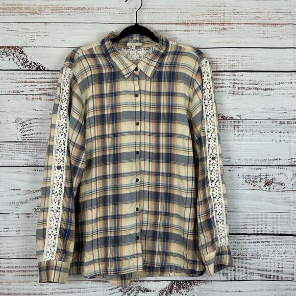 Women's Kate & Sam Cream Blue Crochet Lace Plaid Button Up Flannel Top Boho XL - Picture 2 of 8